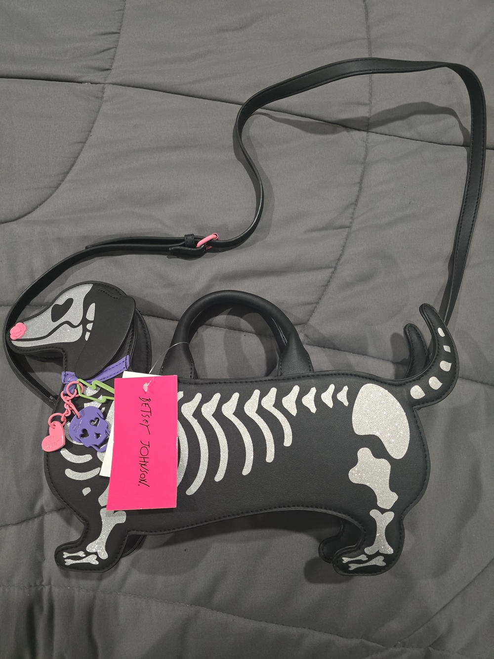 Betsey Johnson Black Dachshund Skeleton Crossbody Bag with Pink Accent